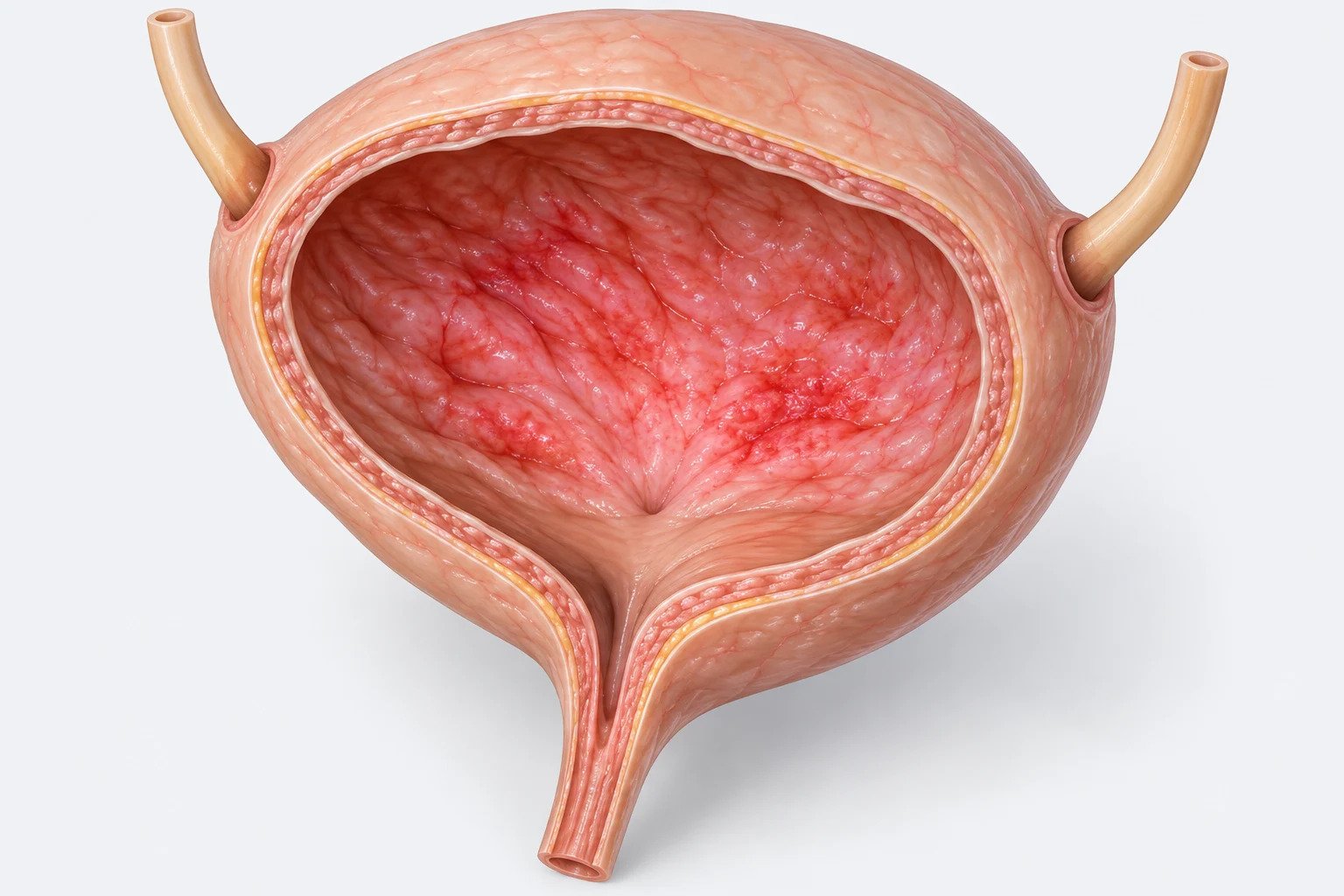 방광염으로 붉어지고 부은 방광 점막을 위쪽 사선에서 본 단면도
