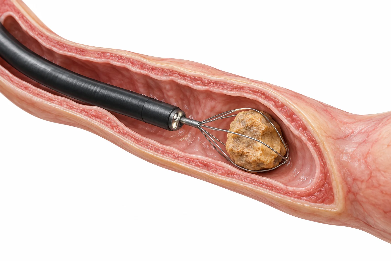 요관 내부 내시경과 바스켓으로 결석에 접근하는 치료 원리 일러스트