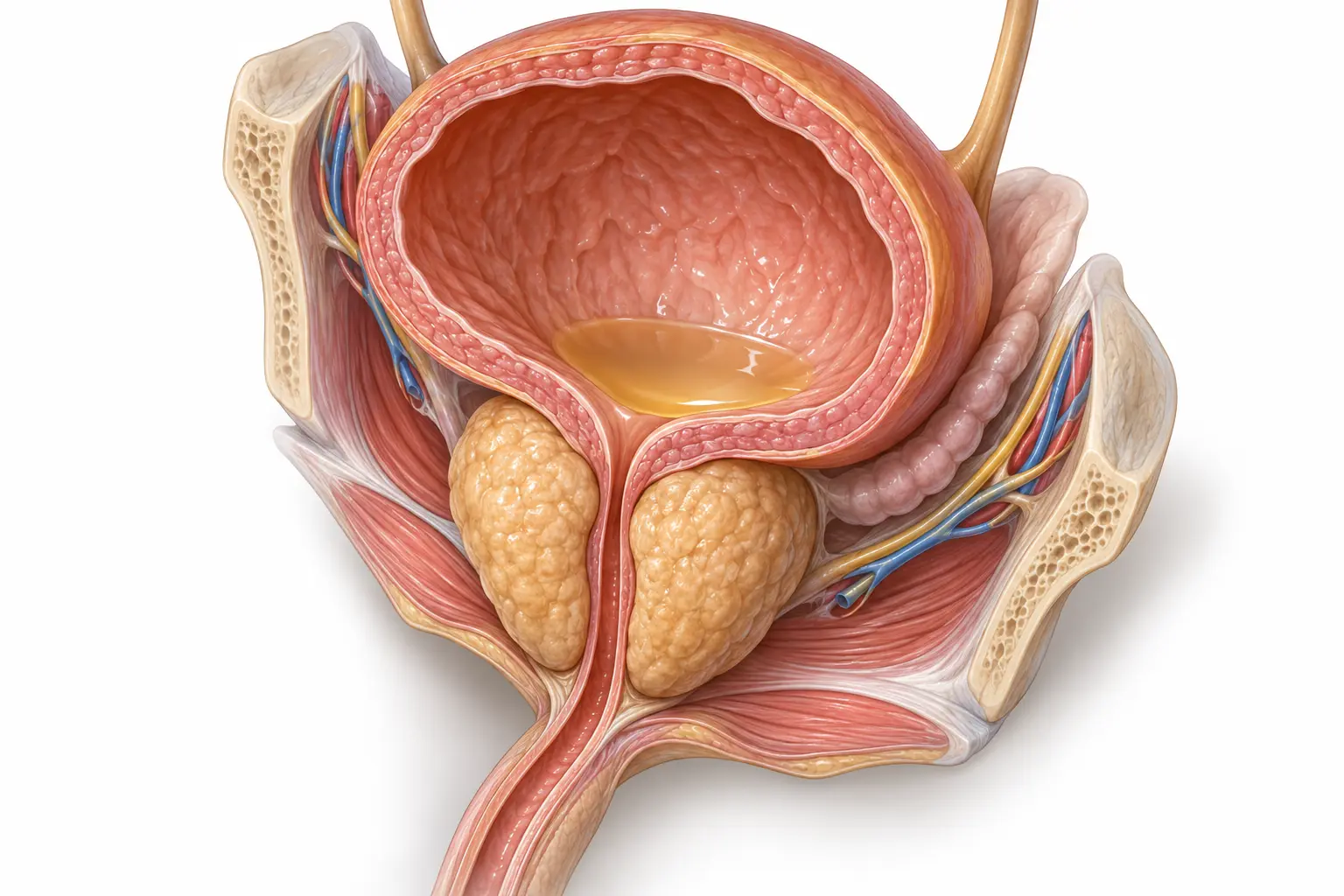 배뇨 후 방광에 남은 소변을 위쪽 사선에서 표현한 잔뇨 개념도