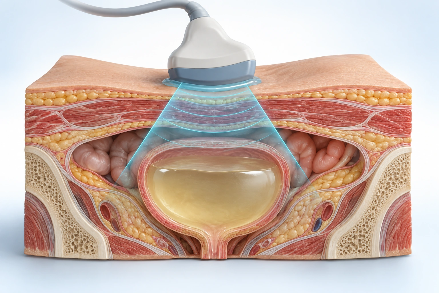 복부 피부 위 탐촉자에서 전달한 음파로 방광 구조를 확인하는 초음파 검사 원리의 3D 개념 이미지