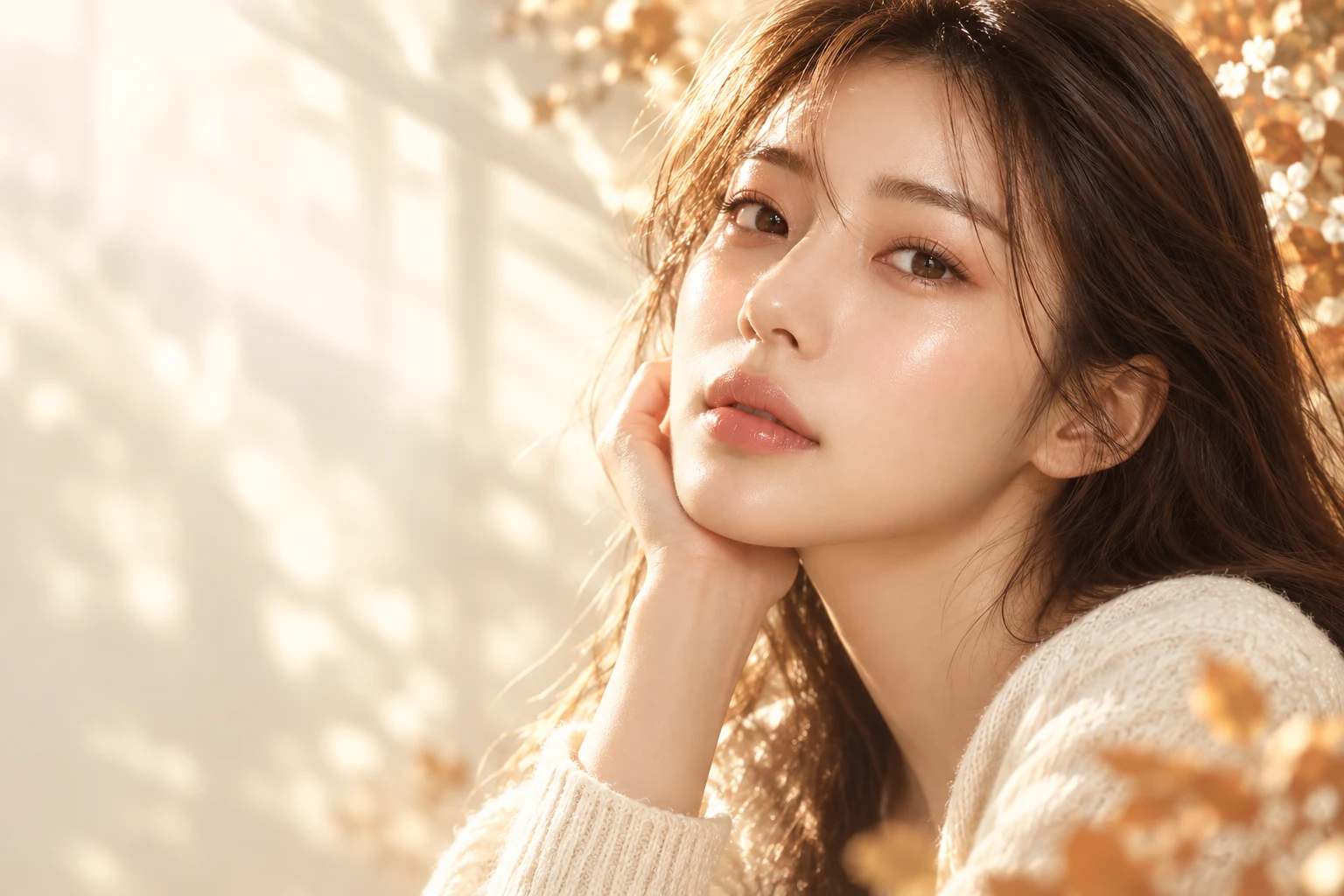 가을 햇살 속 여성 모델 이미지